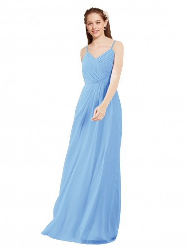 Best Pleated Low Back Long V-Neck Chiffon Bridesmaid Dress with Thin Straps UK