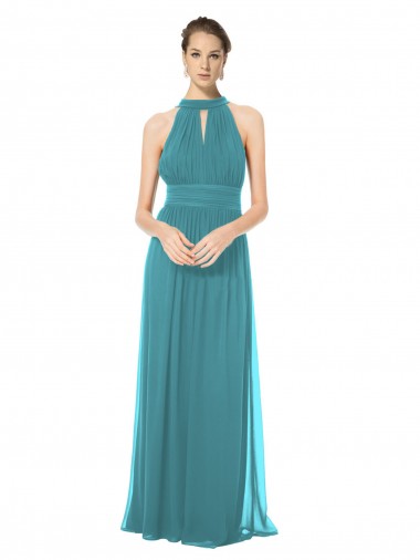 Best Ruched Long Chiffon Halter Bridesmaid Dress with Tie Back and Tails UK