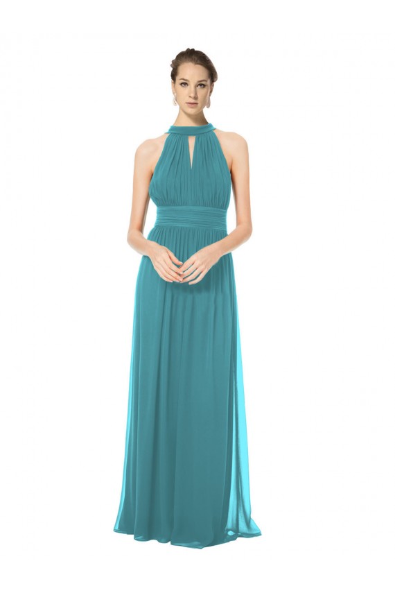 Best Ruched Long Chiffon Halter Bridesmaid Dress with Tie Back and Tails UK