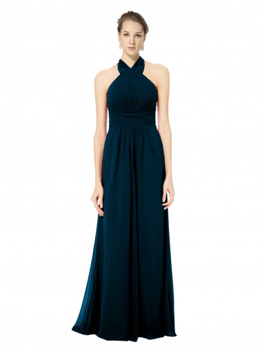 Best Keyhole Back Long Chiffon Halter Dress with Halter Straps Cross Neck UK