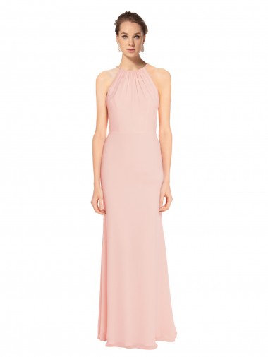 Best High Neck Long Chiffon Halter Bridesmaid Dress with Drape Chiffon Overlay UK