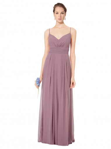 Best V-Neck Spaghetti Strap Open Back Long Chiffon Bridesmaid Dress UK