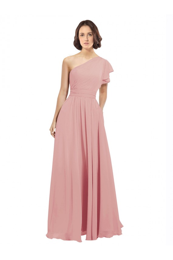 Best Chiffon Bridesmaids Dress with One Shoulder Flounced Sleeve UK