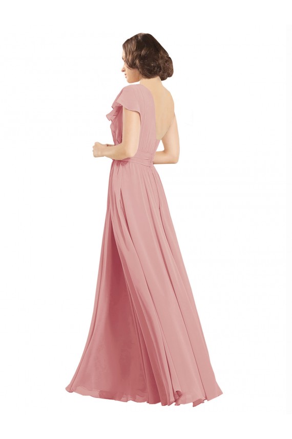 Best Chiffon Bridesmaids Dress with One Shoulder Flounced Sleeve UK