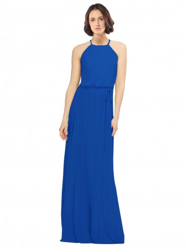 Best Long Jewel Neckline Chiffon Bridesmaids Dress wit Chiffon Tie Sash UK