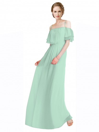 Best Spaghetti Straps Long Chiffon Off-The-Shoulder Bridesmaid Dress with Double Flounce Sleeves UK