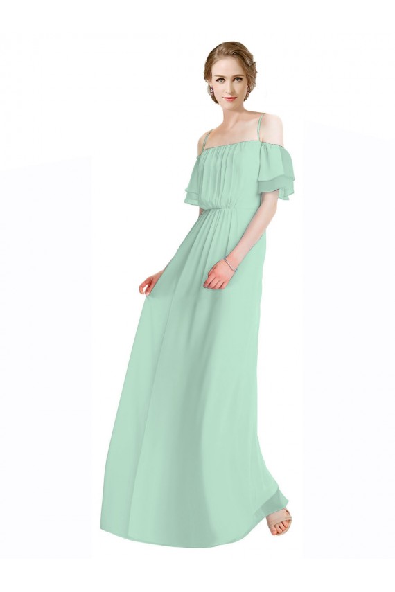 Best Spaghetti Straps Long Chiffon Off-The-Shoulder Bridesmaid Dress with Double Flounce Sleeves UK