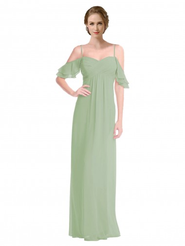 Best Long Chiffon Off-The-Shoulder Bridesmaid Dress with Double Flounce Sleeves UK