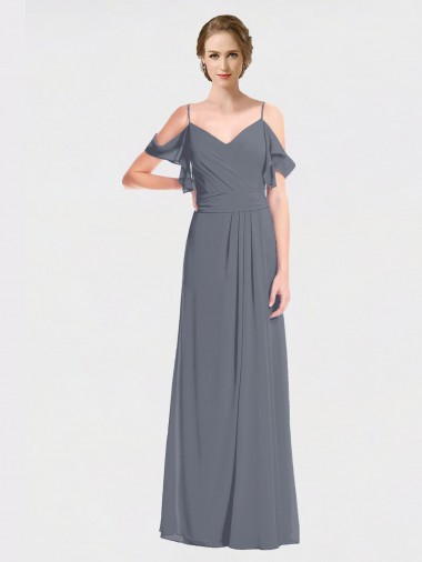 Best Long Chiffon Spaghetti Strap V-Neck Bridesmaid Dress with Off-The-Shoulder Flutter Sleeves UK