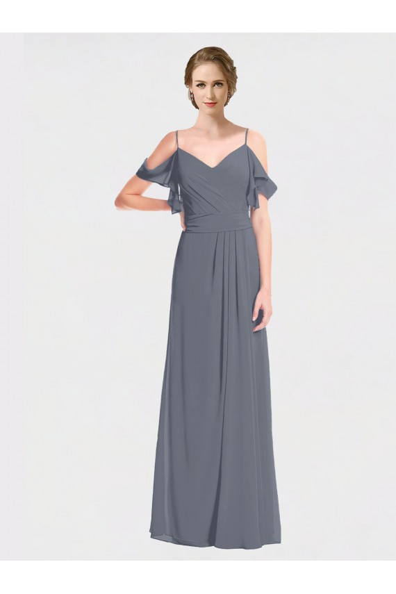 Best Long Chiffon Spaghetti Strap V-Neck Bridesmaid Dress with Off-The-Shoulder Flutter Sleeves UK