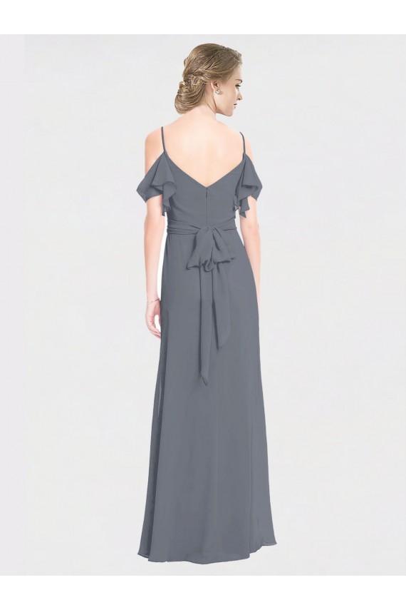 Best Long Chiffon Spaghetti Strap V-Neck Bridesmaid Dress with Off-The-Shoulder Flutter Sleeves UK