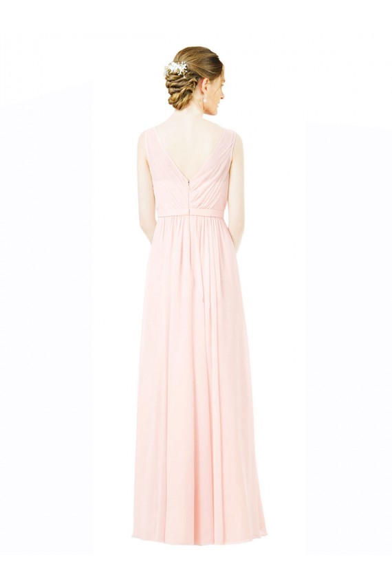 Best Long Chiffon Sleeveless Bridesmaid Dress with Sheer Illusion Top and V-Back UK