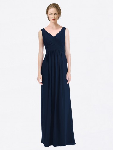 Best Long Chiffon V-Neck Sleeveless Bridesmaid Dress with Criss-Cross Pleated Bodice UK
