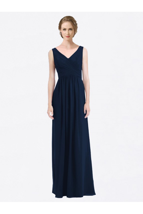 Best Long Chiffon V-Neck Sleeveless Bridesmaid Dress with Criss-Cross Pleated Bodice UK
