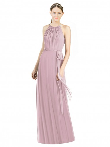 Best Shirred Halter Neck Long Chiffon Bridesmaid Dress UK