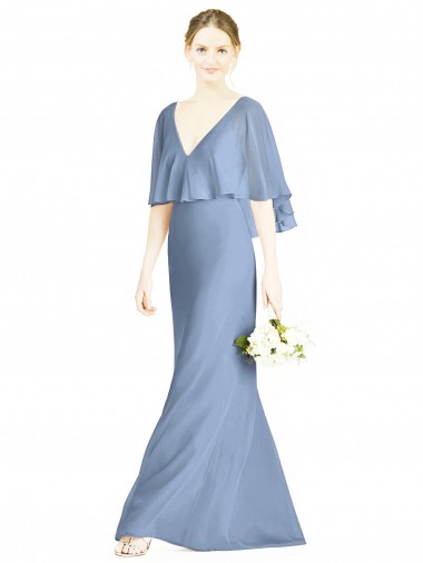 Best V-Back Trumpet Chiffon Bridesmaid Dress with Draped Cape Overlay UK