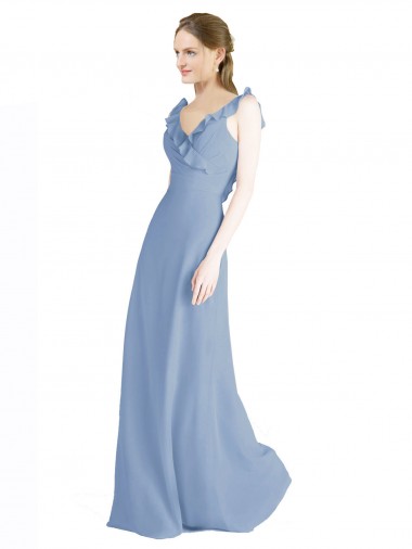 Best Fluted Chiffon Wrap Bridesmaid Dress with Ruffles V-Neck UK