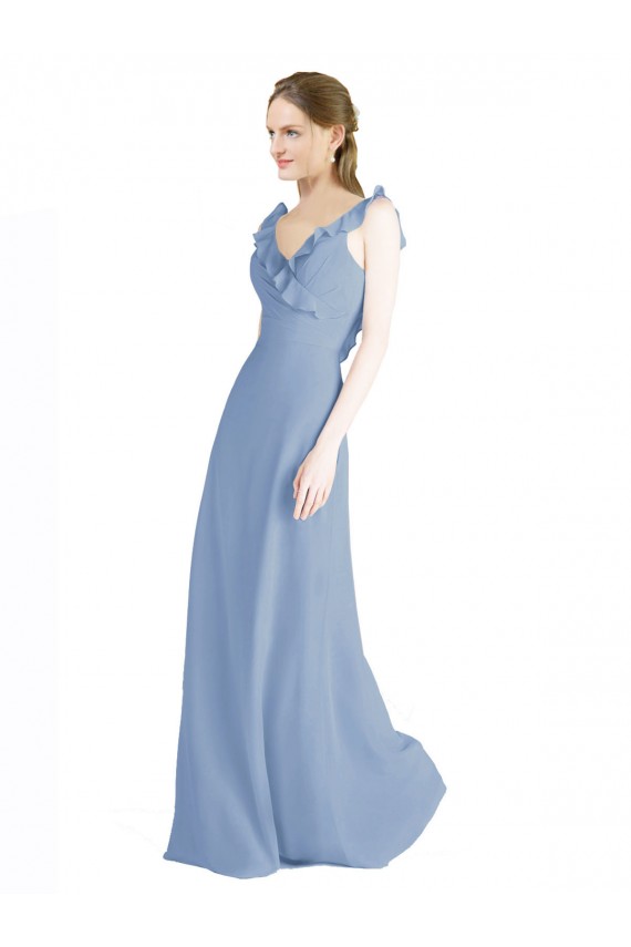 Best Fluted Chiffon Wrap Bridesmaid Dress with Ruffles V-Neck UK