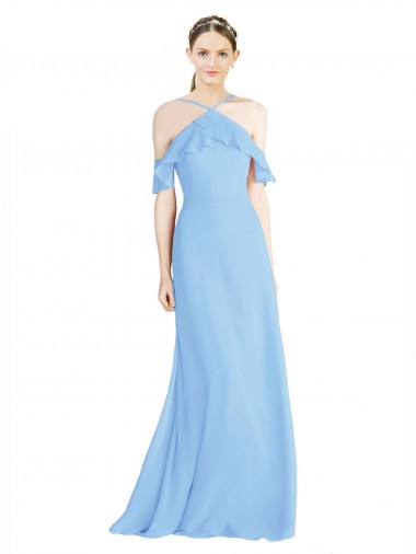 Best Halter Frill Cold Shoulder A-Line Chiffon Bridesmaid Dress UK
