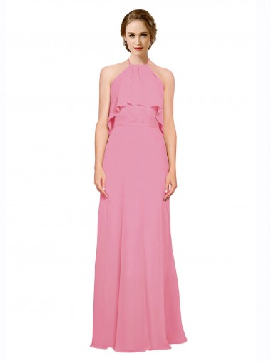 Best Ruffle Halter Neck A-Line Chiffon Bridesmaid Dress with Open Back UK
