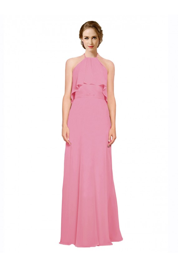 Best Ruffle Halter Neck A-Line Chiffon Bridesmaid Dress with Open Back UK