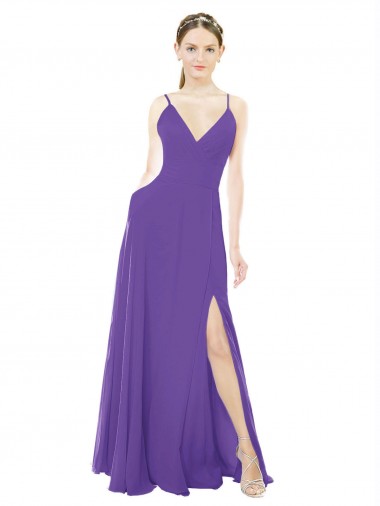 Best Long Chiffon A-Line Bridesmaid Dress with Deep V-Neckline and Side Slit UK