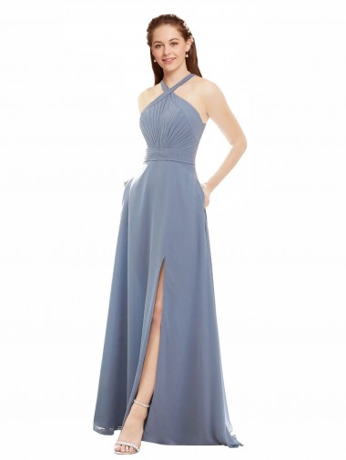 Best High Neck Chiffon Bridesmaid Dress with Draped Bodice & Pockets UK
