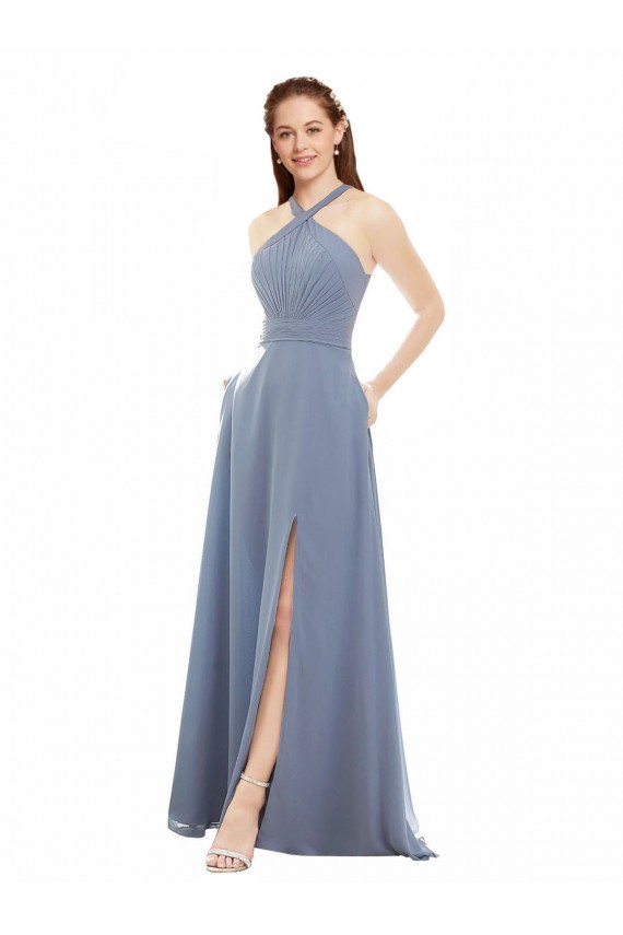 Best High Neck Chiffon Bridesmaid Dress with Draped Bodice & Pockets UK