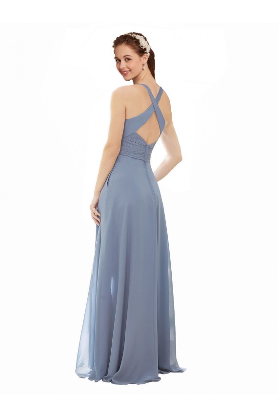 Best High Neck Chiffon Bridesmaid Dress with Draped Bodice & Pockets UK