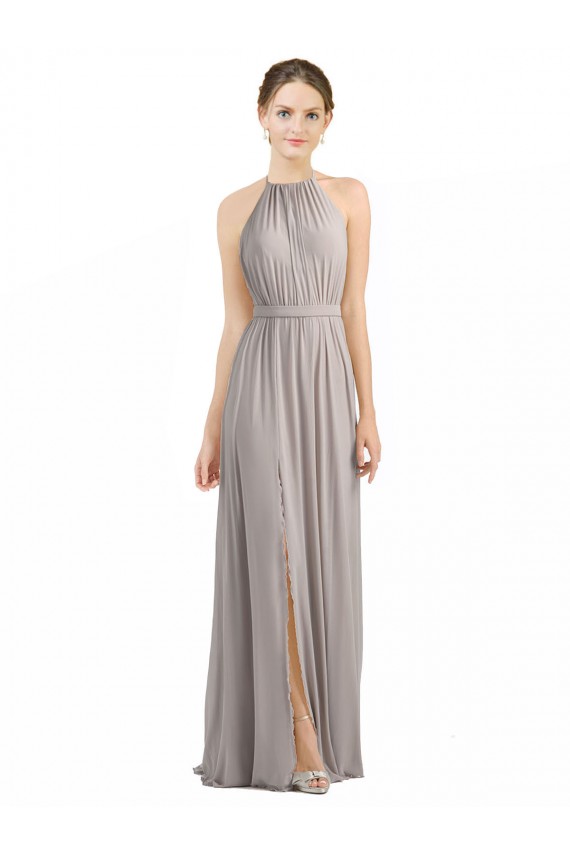 Best Backless Halter Chiffon Bridesmaid Dress with Front Slit and Tie Open Back UK