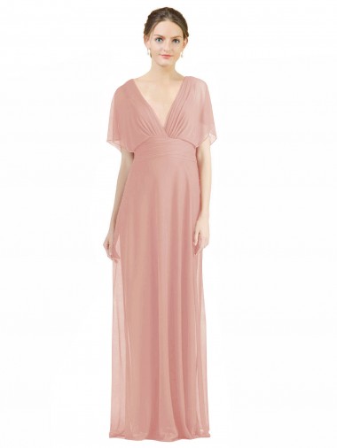 Best Draped Short Sleeves Long Chiffon A-Line Bridesmaid Dress UK