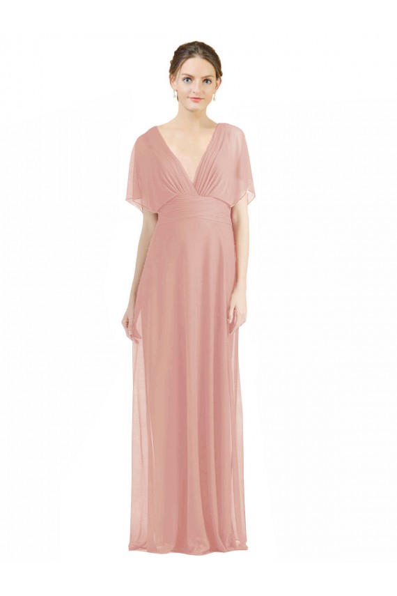 Best Draped Short Sleeves Long Chiffon A-Line Bridesmaid Dress UK