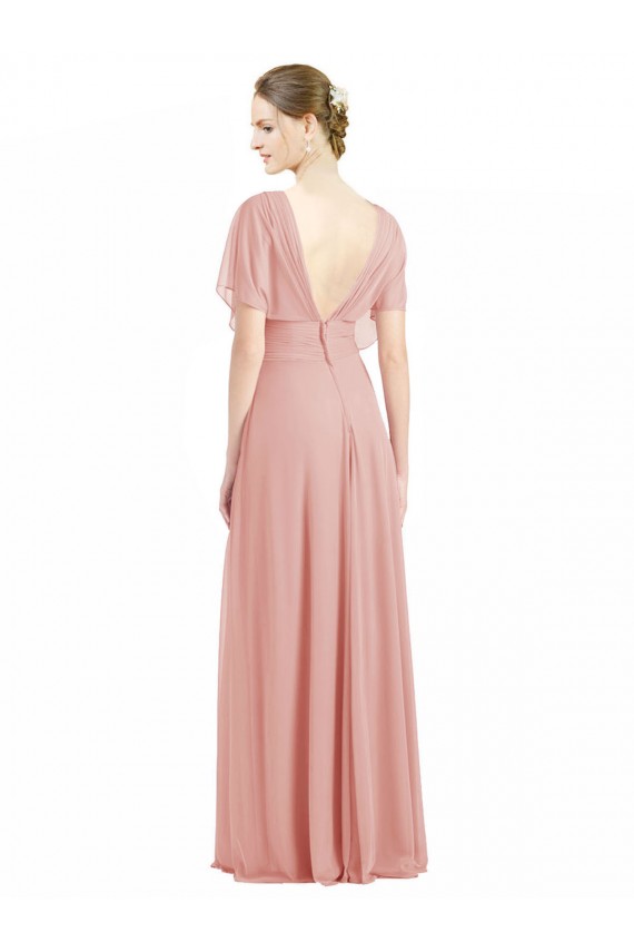Best Draped Short Sleeves Long Chiffon A-Line Bridesmaid Dress UK