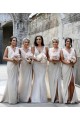 Best Chiffon Long Champagne Bridesmaid Dress with Sexy High Slit and Front Ruffles UK