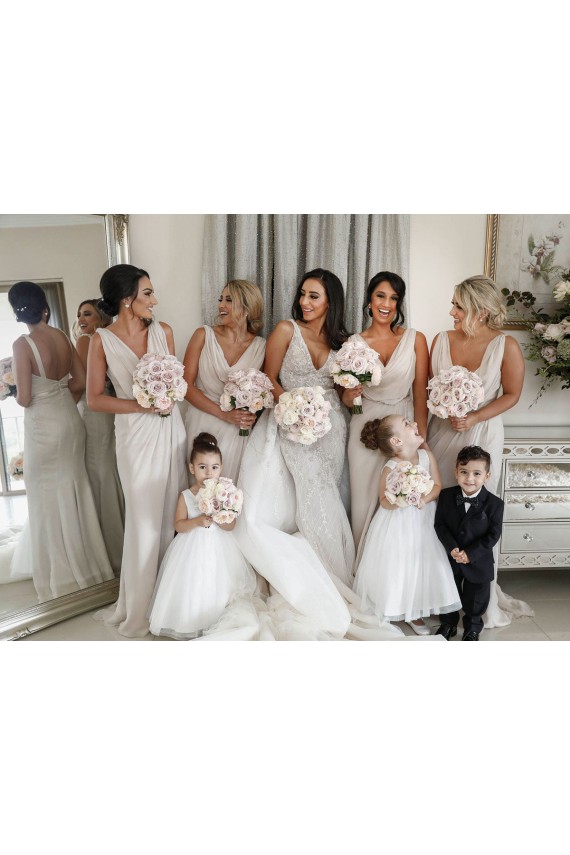 Best Chiffon Long Champagne Bridesmaid Dress with Sexy High Slit and Front Ruffles UK