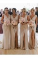 Best Chiffon Long Champagne Bridesmaid Dress with Sexy High Slit and Front Ruffles UK