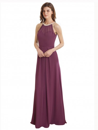 Best High Neckline Long Chiffon Bridesmaid Dress with Beaded Trim UK
