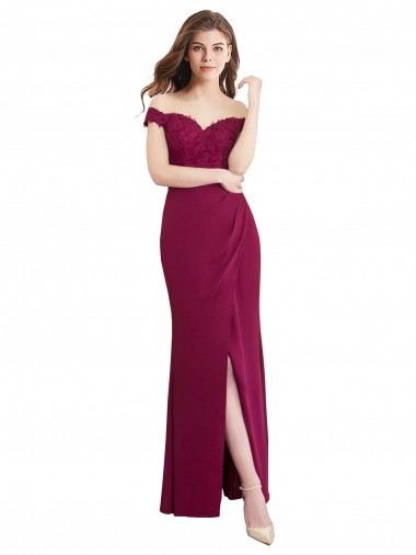 Best Off the Shoulder Chiffon Bridesmaid Dress with Lace Appliques and Front Slit UK