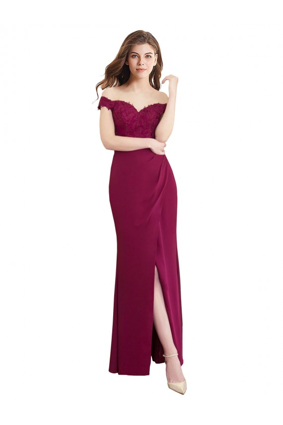 Best Off the Shoulder Chiffon Bridesmaid Dress with Lace Appliques and Front Slit UK