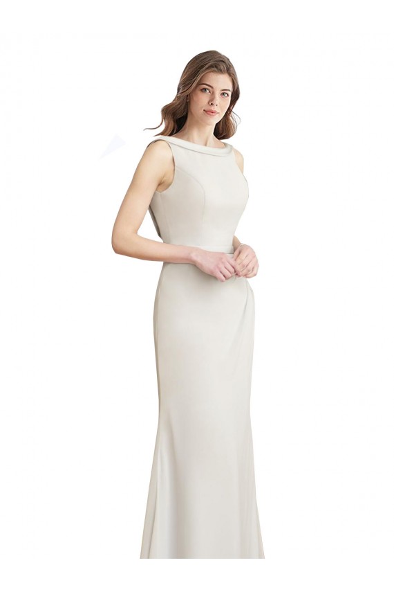 Best Long Chiffon Bridesmaid Dress with Boat Neckline and Satin Collar UK
