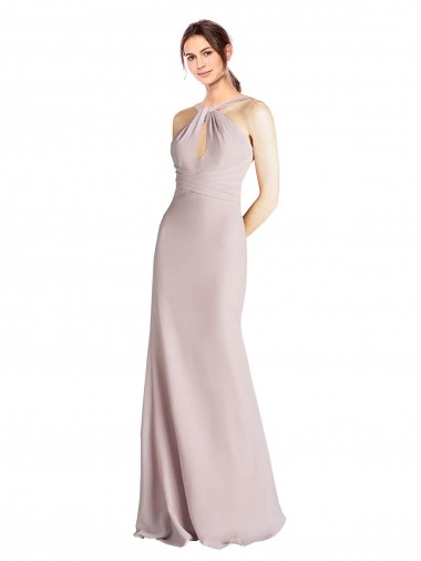 Best Long Slim Chiffon Bridesmaid Dress with Ruffled Waist and Keyhole UK