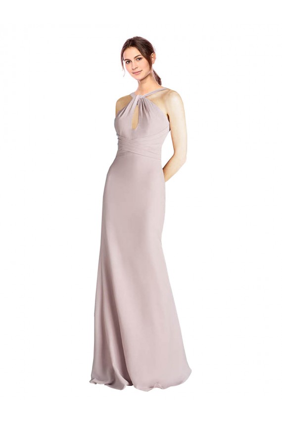Best Long Slim Chiffon Bridesmaid Dress with Ruffled Waist and Keyhole UK
