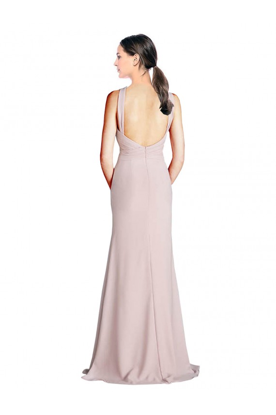 Best Long Slim Chiffon Bridesmaid Dress with Ruffled Waist and Keyhole UK