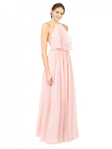 Best Halter Neck Chiffon Bridesmaid Dress with Double Ruffle Front UK