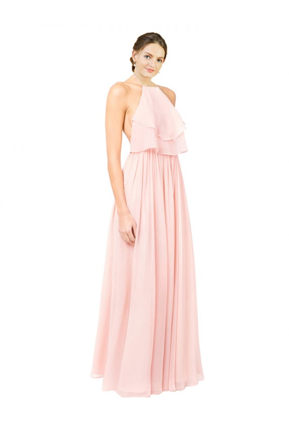 Best Halter Neck Chiffon Bridesmaid Dress with Double Ruffle Front UK