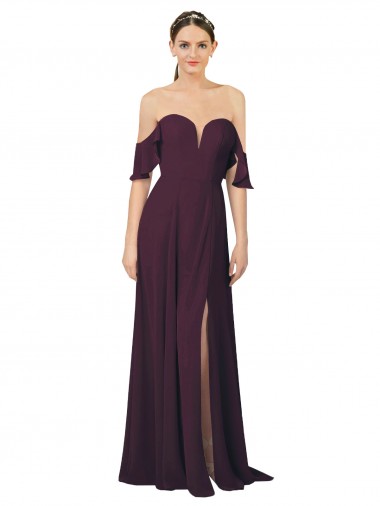 Best Romantic Off-Shoulder Chiffon Bridesmaid Dress with Plunging V-Neck UK