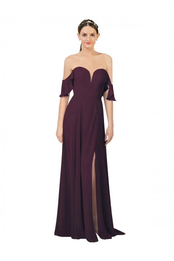 Best Romantic Off-Shoulder Chiffon Bridesmaid Dress with Plunging V-Neck UK