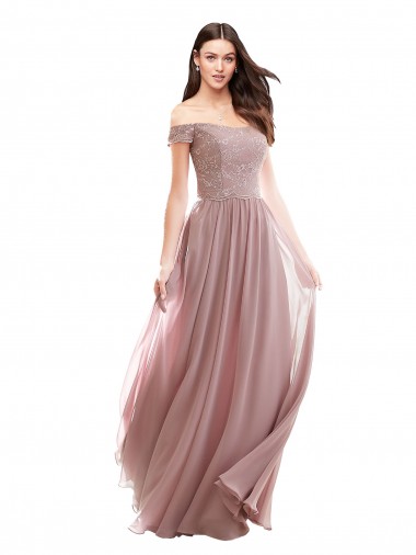 Best Floor Length Chantilly Lace Off the Shoulder Chiffon Bridesmaid Dress UK
