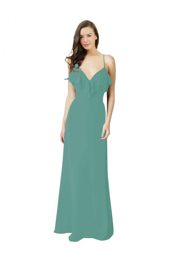 Best Full Length Chiffon Bridesmaid Dress with Ruffled V-Neckline UK