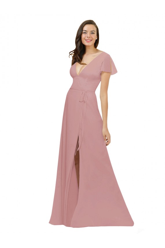 Best Flutter Sleeves Short Chiffon Bridesmaid Dress with Tie Belt UK